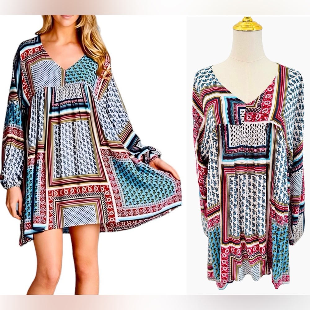 Velzera Patchwork Print Long Sleeve Swing Dress in Teal, Red, Black, White